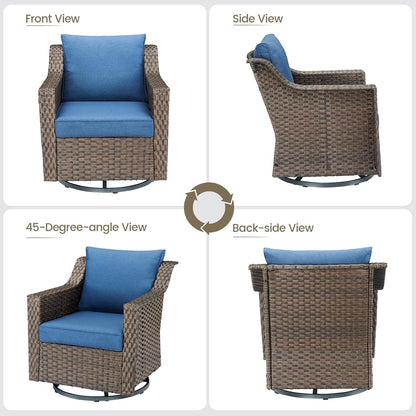 Outdoor Patio Wicker Swivel Chairs - Set of 4 Outside Rattan Rocker Glider Chair Rocking Armchairs for Front Porch Balcony Backyard Yard Deck Poolside Apartment – Brown/Blue