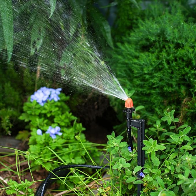 Drip Micro Sprinkler Heads with Stake: 90 Degree Sprinkler Nozzle with 1/4" Drip Irrigation Tubing - 10 Pack Drip Spray Emitters on 12 Inch Stake for Garden Water System