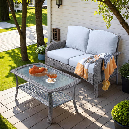 HOOOWOOO Patio Furniture Set,Outdoor High Back Loveseat Set,All Weather Wicker 2-Seater-Sofa Love Seat with Table,Light Gray