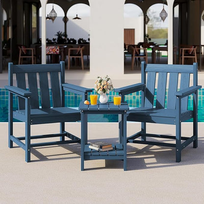 SEWRWALL 3 Pieces Patio Bistro Set, All Weather Adirondack Chair Set with Side Table, HDPE Material Outdoor Patio Furniture Set for Balcony, Porch, Garden, Backyard- Navy