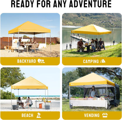 CROWN SHADES 8x8 Pop Up Canopy - Beach Tent with One Push Setup - Easy Outdoor Sun Shade for Events, Parties, Camping - Gazebo with STO-N-Go Cover Bag, Silver Coated Top, Yellow