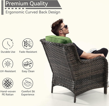 Patio Wicker Chairs Set of 2, Patio Rattan Dining Chairs with 3.5-inch Seat Cushions, High Back and Curved Armrest for Garden, Backyard, Balcony and Deck, Green