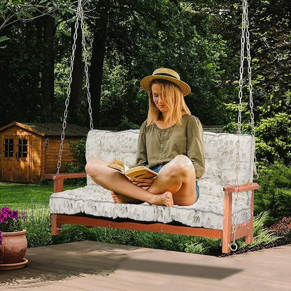 Swing Replacement Cushions with Backrest, 2 or 3 Seater Waterproof Non-Slip Overstuffed Swing Pad, Outdoor Bench Cushion for Porch Chair Swings Garden Furniture (White Leaves, 40 * 63 in)