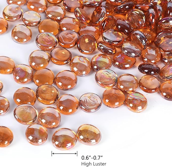 5LB Fire Glass Beads Flat Glass Marbles for Outdoor Fire Pit and Fireplace, Glass Gemstones for Vase Filler, Aquariums, Hydroponics Plants, Home Decor and Christmas DIY Craft, Amber