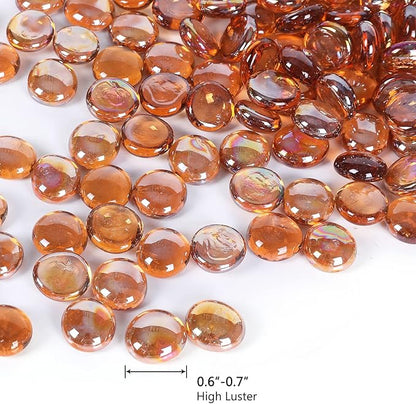 5LB Fire Glass Beads Flat Glass Marbles for Outdoor Fire Pit and Fireplace, Glass Gemstones for Vase Filler, Aquariums, Hydroponics Plants, Home Decor and Christmas DIY Craft, Amber
