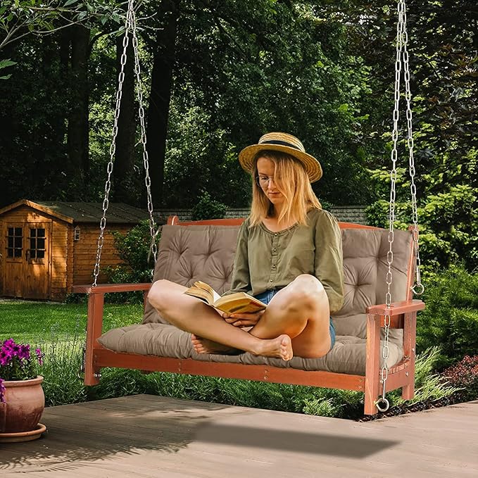 Swing Replacement Cushions with Backrest, 2 or 3 Seater Waterproof Non-Slip Overstuffed Swing Pad, Indoor/Outdoor Bench Cushion for Porch Chair Swing Garden Furniture(Khaki 40 * 40 in)