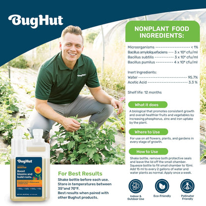 Booster Liquid Plant Food - Formula for Strong Roots, Vibrant Blooms, and Healthy Growth - Ideal for Indoor & Outdoor Gardening - People, Pets & Pollinator Friendly - 16 fl oz, Makes 63 Gallons