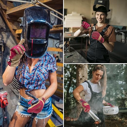 Women's Cotton Lined Leather Work Gardening Gloves, Rose Trimming, TIG/MIG Welding, Construction, Farm, Ranch Flexible Cowhide Gloves. Comfortable, Durable (Medium)