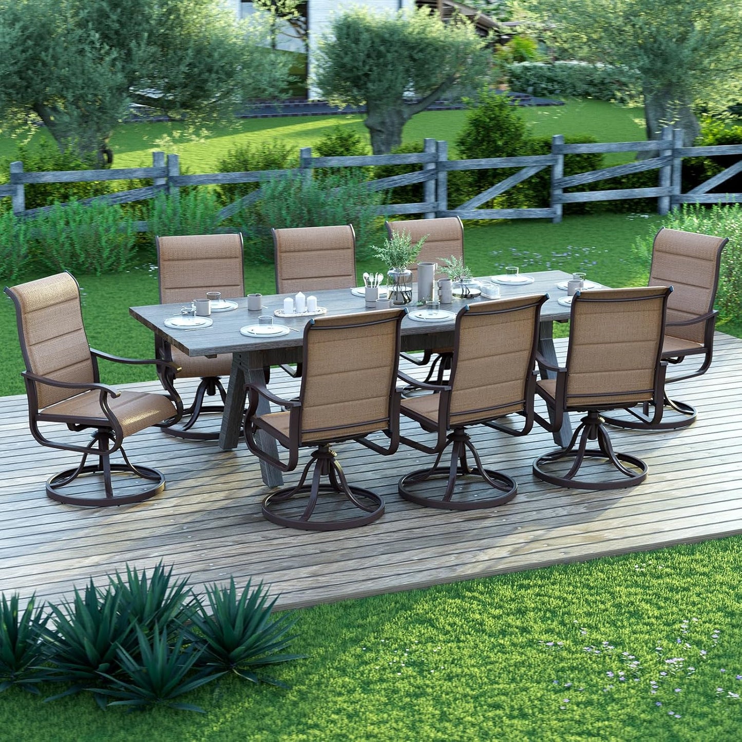 Amopatio Padded Patio Swivel Chairs Set of 8, Outdoor Dining Chairs with Ultra Soft Textilene High Back Seat & Metal Rocker Frame, for Backyard Deck Lawn Garden, Brown