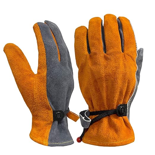 Leather Work Gloves for Women with Cotton Lining, Thorn Proof Gardening Gloves for TIG/MIG Welding, Construction (Orange, Large)