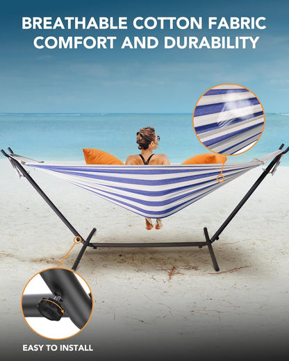 Double Hammock with Heavy-Duty Steel Stand,Portable,Easy Assembly,600lbs Weight Capacity,Perfect for Indoor,Yard,Camping,or Outdoor-BlueWhite