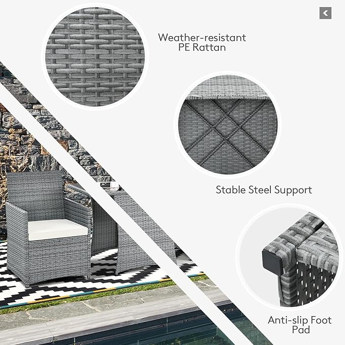 Tangkula 3 Pieces Patio Dining Set, Patiojoy Space-Saving PE Rattan Bistro Set with Tempered Glass Top Table and Cushioned Chairs, Outdoor Conversation Set for Garden, Backyard, Poolside, Porch