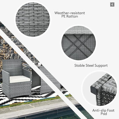 Tangkula 3 Pieces Patio Dining Set, Patiojoy Space-Saving PE Rattan Bistro Set with Tempered Glass Top Table and Cushioned Chairs, Outdoor Conversation Set for Garden, Backyard, Poolside, Porch