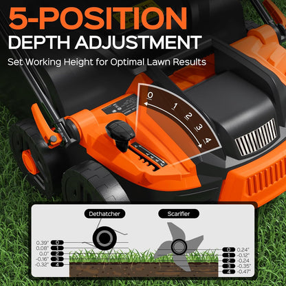16-Inch 15.5 Amp 2-in-1 Electric Dethatcher and Scarifier with 14.5-Gallon Removable Thatch Collection Bag, Lawn Dethatcher with 5-Position Adjustment, Quick-Fold, Keeps Lawn Healthy - Orange