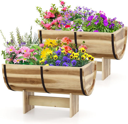 HAPPYGRILL Wooden Plant Pots, Solid Acacia Wood Half-Barrel Planting Flower Pot w/Legs, Drainage for Flower Vegetable Fruit, Outdoor Elevated Garden Bed, Decorative Planters for Indoor Plants (2)