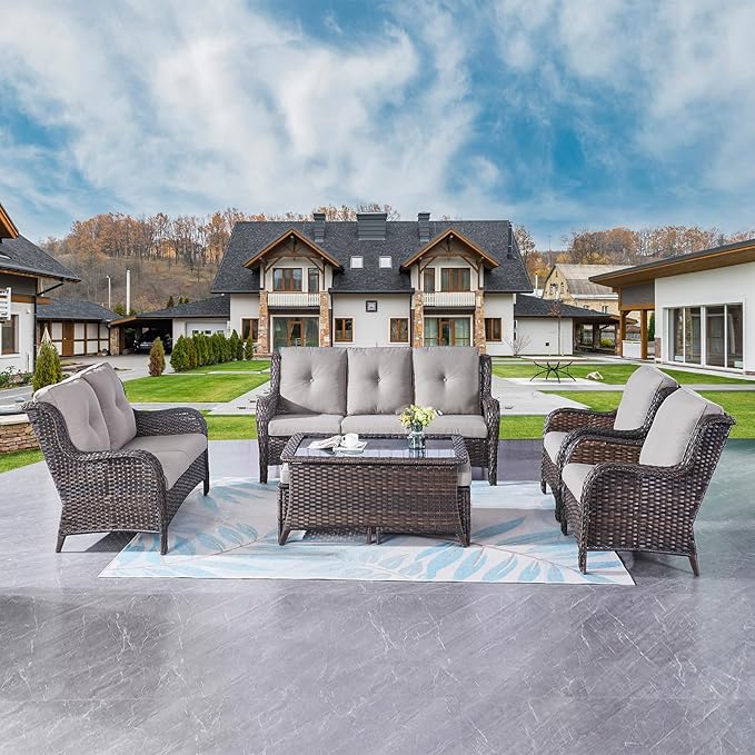 Outdoor Patio Furniture Sofa Set - 7 Piece Rattan Wicker Patio Sectional Conversation Sets with 1 Sofa,1 Loveseat,1 Coffee Table,2 Armrest Chairs and 2 Ottomans for Porch Deck Garden(Brown/Grey)