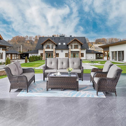 Outdoor Patio Furniture Sofa Set - 7 Piece Rattan Wicker Patio Sectional Conversation Sets with 1 Sofa,1 Loveseat,1 Coffee Table,2 Armrest Chairs and 2 Ottomans for Porch Deck Garden(Brown/Grey)