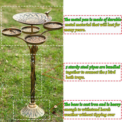 33.5 "H Cast Iron Base Outdoor Bird Bath, Metal Bird Feeding Bowl Tray, Metal Bird Bath Garden Patio Decor