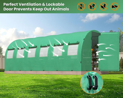 HOWE 26x10x7FT Heavy Duty Tunnel Greenhouse Kit with Watering System, Upgraded Swing Door Outdoors Greenhouse with Galvanized Steel Frame Film Clips & Ground Pegs, Green