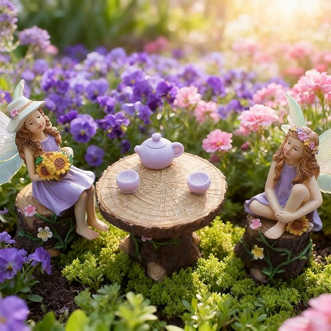 DONABELA Fairy Garden Kit Figurine Set Supplies 2 Fairies Table 2 Chairs Teapot Teacups Miniature Decor Accessories Tiny Furniture Outdoor Indoor Ornament Gift for Kids