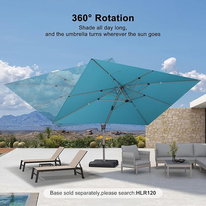 PURPLE LEAF 10' X 13' Patio Umbrella, Rectangle Outdoor Cantilever Umbrella, Aluminum Offset Umbrella with Champagne Frame and 360° Rotation for Pool Deck Garden, Turquoise Blue
