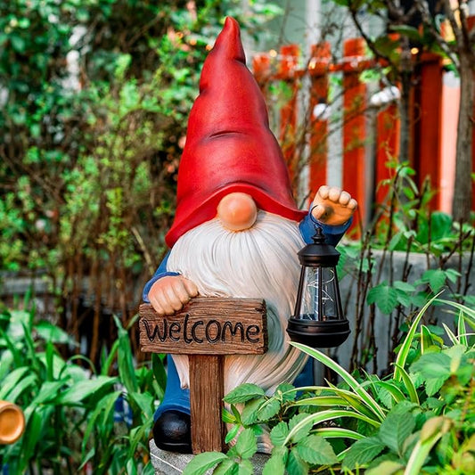 22" Solar Large Gnome Garden Statue Big Gnome with Welcome Sign Outdoor Decor with LED Lantern Home Porch Yard Patio Lawn Ornament Christmas Housewarming Gardening Gift