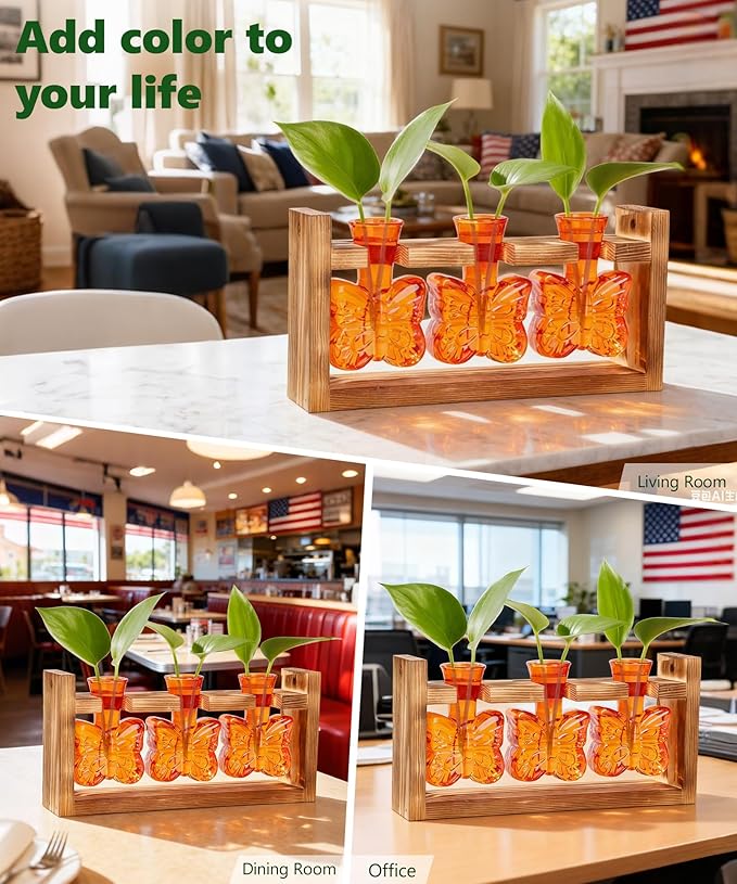 Nacome Butterfly Vase Propagation Stations: Glass Plant Terrarium with Wooden Stand for Home Office Desk Decor, Unique Gifts for Plant Lovers Women Mom (Orange)