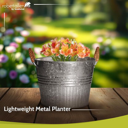 Headwind Round Galvanized Bucket w/Rope Handles – 6 Inch Metal Tub Bucket Planter for Outdoor Plants with Drainage Hole – Galvanized Large Outdoor Planters Buckets by Robert Allen