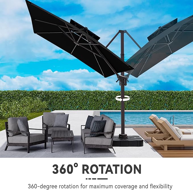 10x13 FT Cantilever Patio Umbrella with Base Included Double Top Outdoor Rectangular Large Heavy Duty Aluminum Offset Umbrellas with 7 Level Tilt 360-degree Rotation for Pool Garden Deck, Black