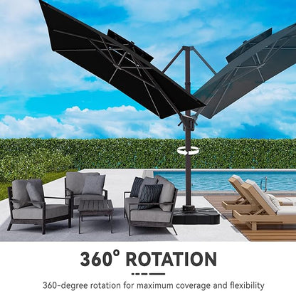 10x13 FT Cantilever Patio Umbrella Double Top Outdoor Rectangular Large Heavy Duty Aluminum Offset Umbrellas with 7 Level Tilt 360-degree Rotation for Pool Garden Deck, Black