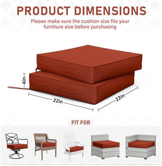 Patio Chair Cushions 22 X 22 X 4 Inch Waterproof Outdoor Seat Cushions for Patio Furniture, Outdoor Sofa Couch Pads with Ties & Handle, Set of 2, Terra Red