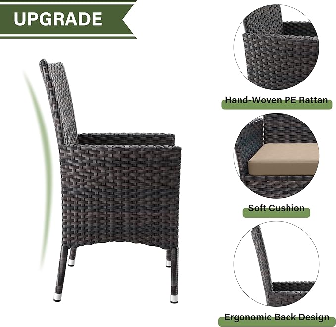 Kurapika 5-Piece Patio Furniture Outdoor Dining Set, Wicker Rattan Patio Dining Table and Chairs Set, Square Tempered Glass Tabletop with 4 Chair Set, Sand
