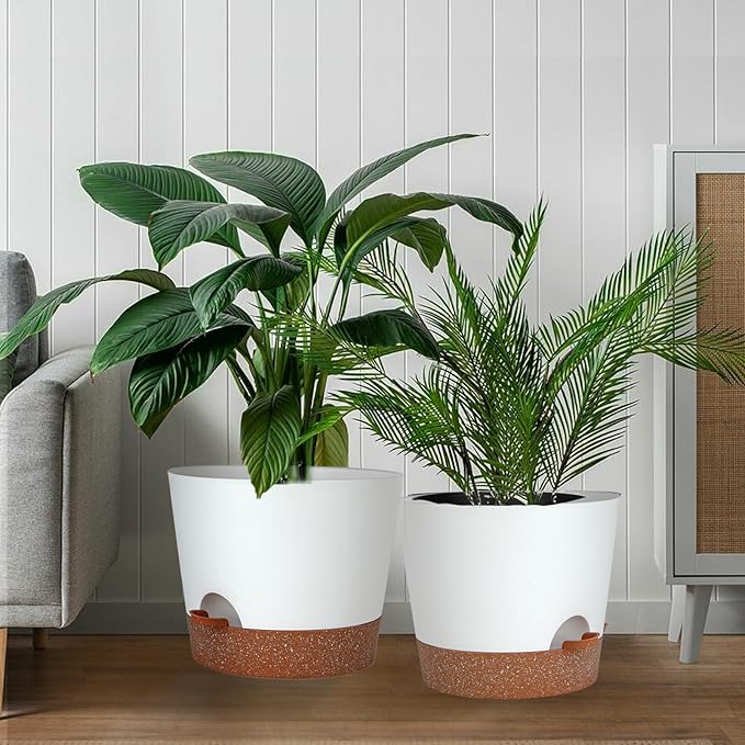 12inch Large Self Watering Plant Pot, Plastic Cylinder Planter with 60Oz Deep Reservoir and Saucer for Indoor Outdoor Plants Flowers Houseplants, White with Brown