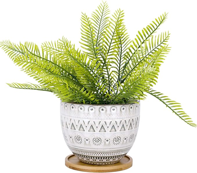 VanEnjoy 5.6 inch Large Round Bohemian Style Ceramic Planter, Geometry Engrave Off White Brown Succulent Planter Flower Pot, Indoor Outdoor Decorative Planter