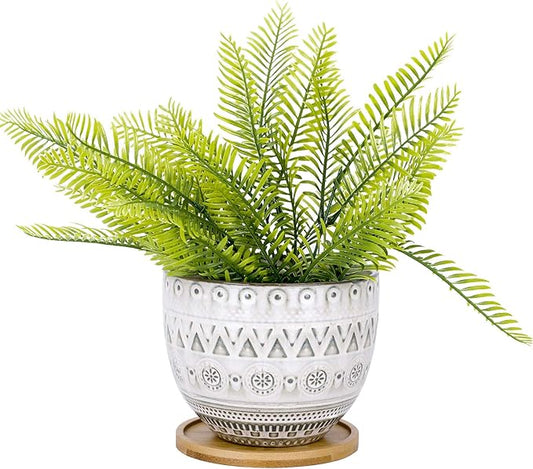 VanEnjoy 5.6 inch Large Round Bohemian Style Ceramic Planter, Geometry Engrave Off White Brown Succulent Planter Flower Pot, Indoor Outdoor Decorative Planter