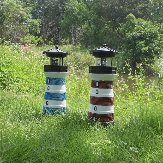 Solar Lighthouse with Rotating Beacon – Led Light House for Yard Garden Nautical Decor Lamp Outdoor Decoration Lawn Ornament Outside Statue Mother Day Gift for Mom