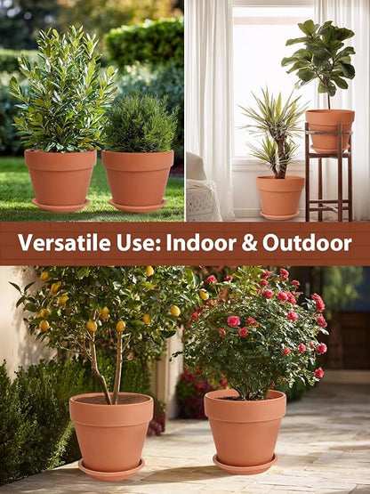 INGOFIN 12 Inch Terracotta Pot Set of 2 with Saucer - Ceramic Clay Pot for Plants with Drainage Hole, Large Terra Cotta Flower Planter with Tray for Indoor Outdoor Plants