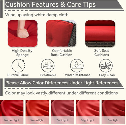 7 Pieces Outdoor Patio Conversation Set, Wicker Furniture Set Includes 3-Seat Sofa, Patio Rattan Dining Chair Set of 4, 2 Ottomans, for Porch, Yard, Mixed Brown Rattan, Red