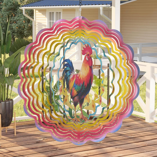 Wind Spinners Outdoor Chicken Decorations - Birthday Gifts for Women Mom Grandma, Rooster Deocr Hanging Wind Spinner 12 inch 3D Wind Sculptures for Garden Decor for Outside, Patio, Yard, Outdoor