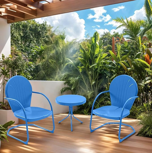 3 Pieces Patio Bistro Set Retro Metal Outdoor Seating Conversation, 2 C-Spring Retro Metal Patio Chairs and Round Side Table, for Balcony, Yard, Garden - Ocean Blue
