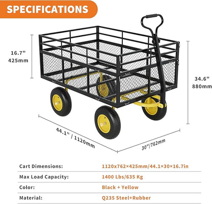 3-in-1 Heavy-Duty Steel Garden Cart, 1400 Lbs Garden Wagon, with 13 Inch All-Terrain Tires and Removable Mesh Side Panels, 180° Rotating Handle, Metal Utility Yard Trailer, Outdoor Gardens Wagon Cart
