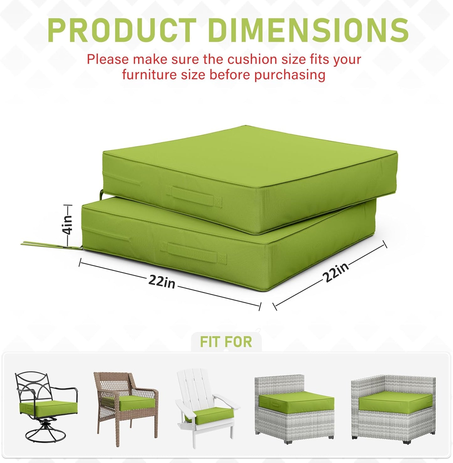 Patio Chair Cushions 22 X 22 X 4 Inch Waterproof Outdoor Seat Cushions for Patio Furniture, Outdoor Sofa Couch Pads with Ties & Handle, Set of 2, Grass Green