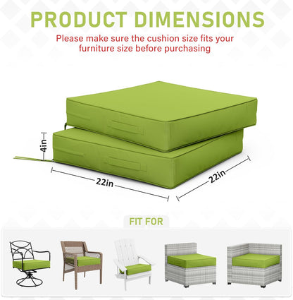 Patio Chair Cushions 22 X 22 X 4 Inch Waterproof Outdoor Seat Cushions for Patio Furniture, Outdoor Sofa Couch Pads with Ties & Handle, Set of 2, Grass Green