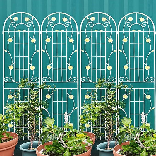 4 Pack Metal Garden Trellis 86.7" H Garden Fence Rustproof Trellis Cream White for Climbing Plants Support Roses Flower Cucumber Outdoor Lawn, White