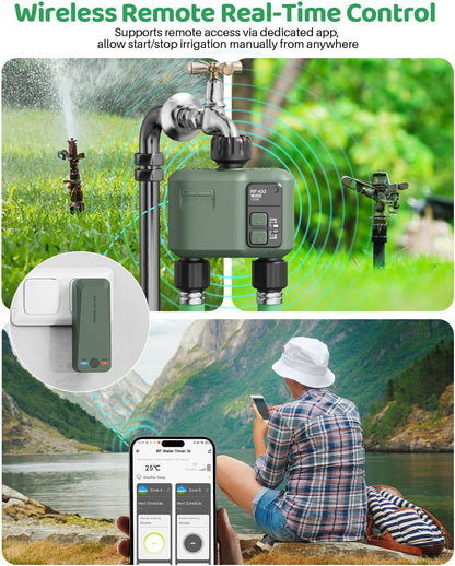 WiFi Water Timer 2 Zone for Garden Hose, 2 Pc Smart Sprinkler Timer with 984ft RF Range, Smart Lawn Watering System Irrigation Controller, APP/Voice Control, Rain Delay, Automatic/Manual Irrigation