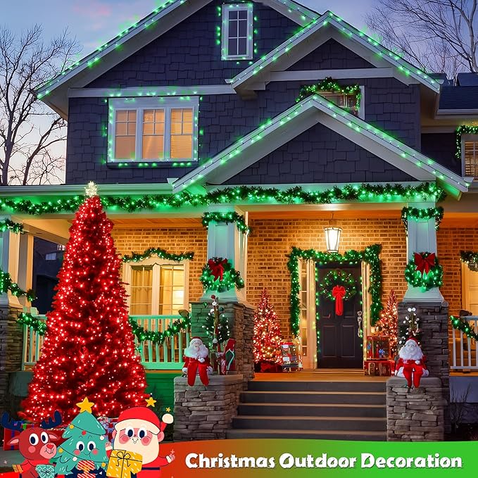 JMEXSUSS Red and Green Solar Christmas Lights Outdoor Waterproof, 2 Pack 100 Led 33ft Color Changing Solar String Lights for Christmas Tree Decor