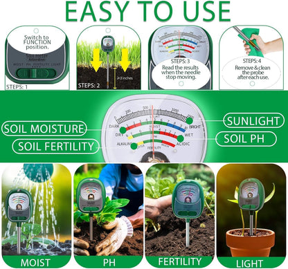 Soil Tester, Soil Moisture Meter/Soil pH Meter/Sun-Light/Fertility for Gardening, Large Dial Soil pH Tester Plant Water Meter for Indoor&Outdoor Garden,Farm Soil Test Kit-GrassGreen