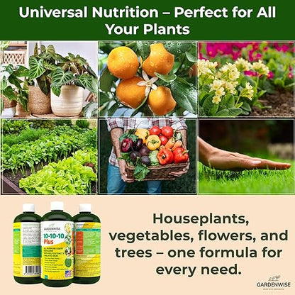 10-10-10 All Purpose Plant Food - Liquid Fertilizer with Seaweed Kelp & Iron - Indoor & Outdoor Plant Food, Vegetables, Flowers, Lawn & Garden 1x8oz