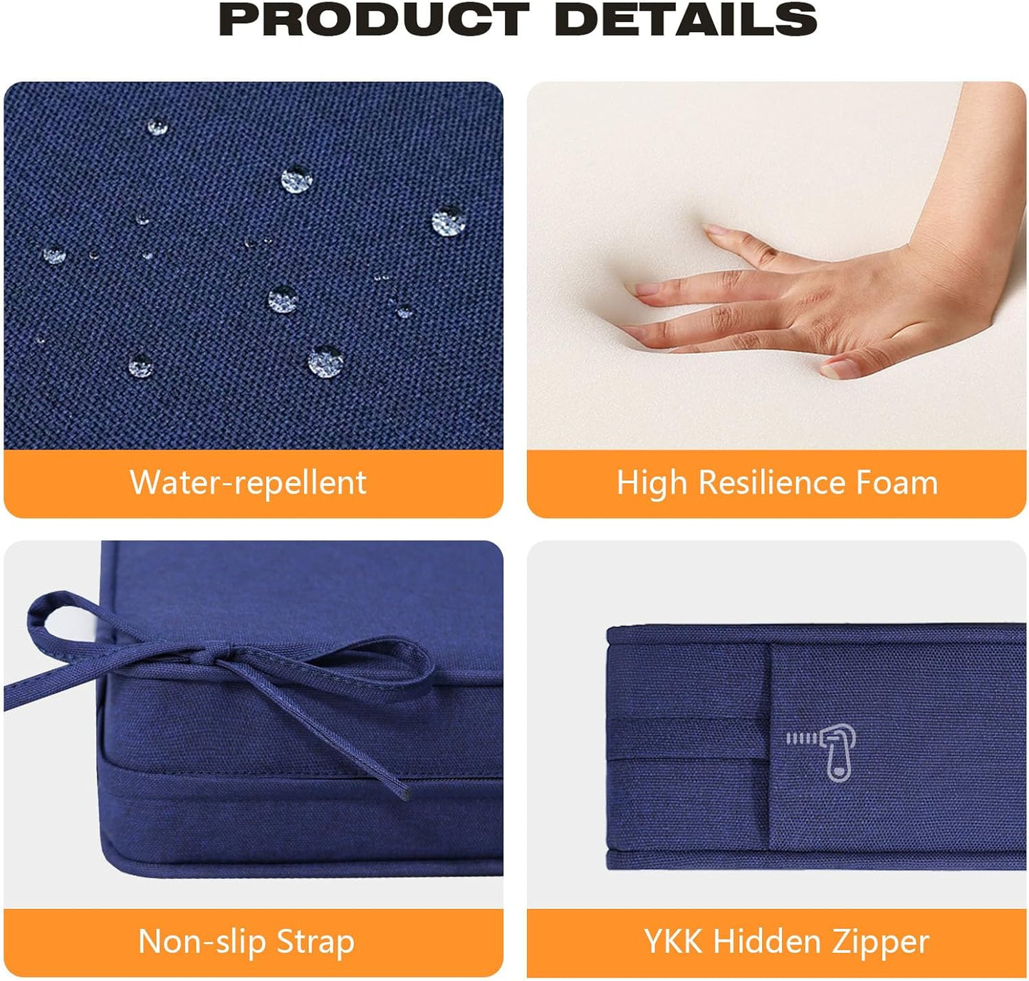 Square Corner Seat Cushions, 18.5" x 16" x 3", Set of 4, Indoor Outdoor Water Repellent Universal Chair Pads with Ties for Patio Furniture, Garden Deck Dining Chairs, Navy