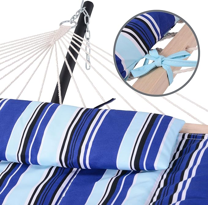 SUNCREAT Double Hammock with Stand, Two Person Cotton Rope Hammock, Blue Stripe